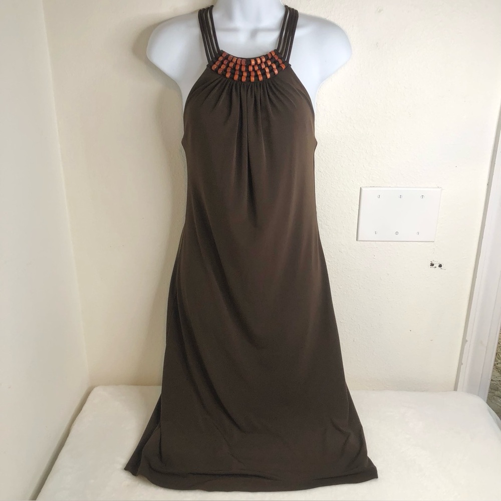 Michael Kors Brown Beaded Halter Midi Dress Built In Bra Size XS